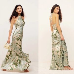 NWOT- Reformation Petites Veria Silk Dress in Tarragon print